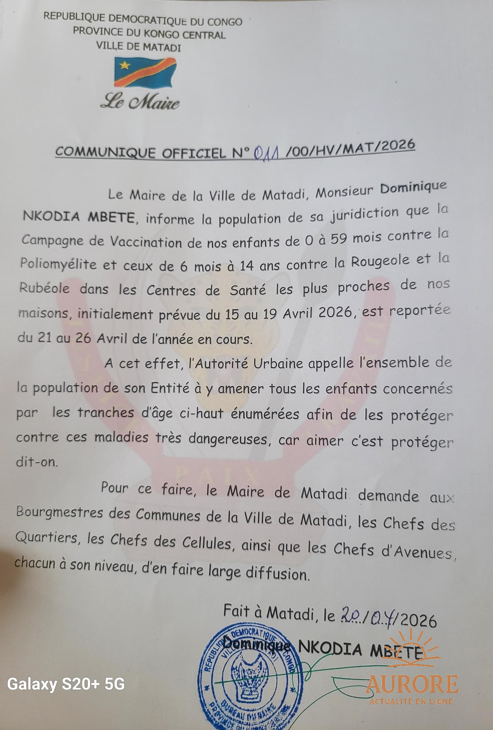Matadi : la campagne de vaccination des enfants reprogrammée du 21 au 26 avril 2026
