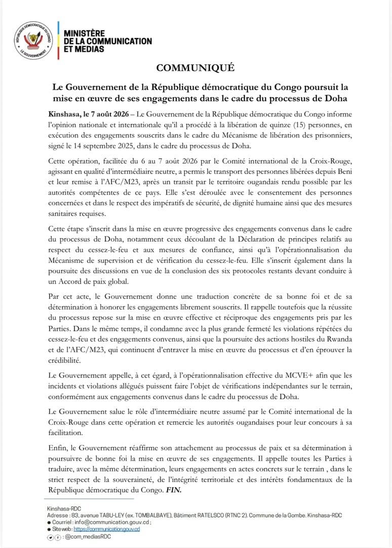 RDC : 15 personnes libérées dans le cadre du mécanisme de libération des prisonniers du processus de Doha
