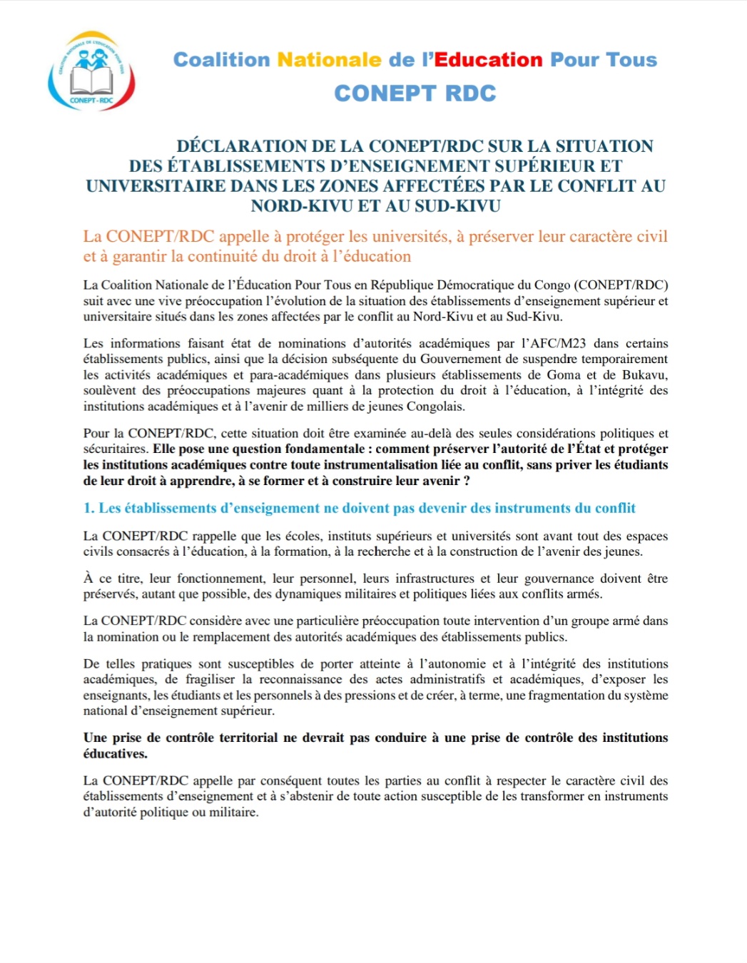DÉCLARATION DE LA CONEPT/RDC SUR LA SITUATION DES ÉTABLISSEMENTS D’ENSEIGNEMENT SUPÉRIEUR ET UNIVERSITAIRE DANS LES ZONES AFFECTÉES PAR LE CONFLIT AU NORD-KIVU ET AU SUD-KIVU