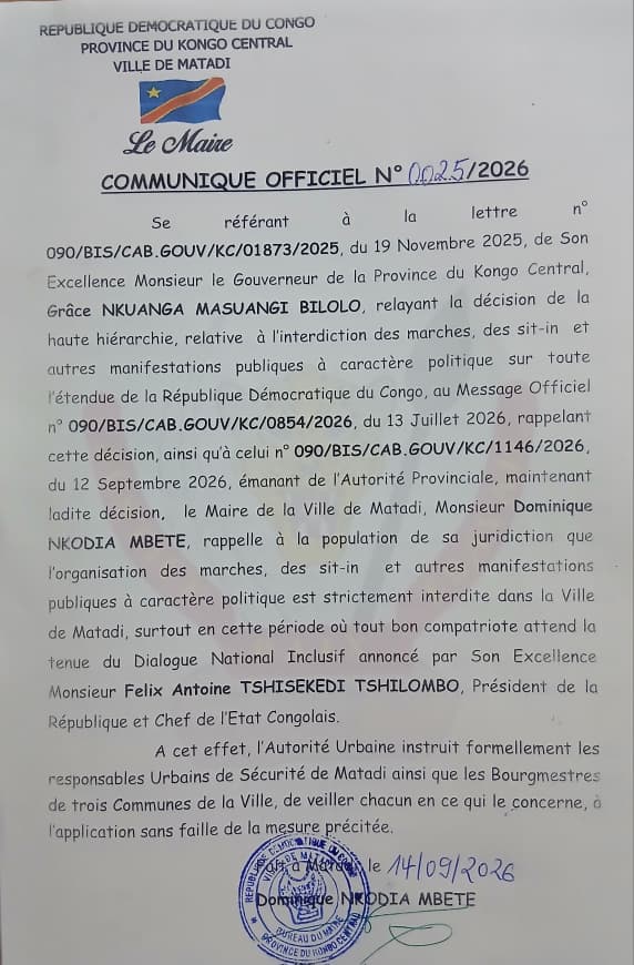 Matadi : le maire Dominique Nkodia Mbete rappelle l'interdiction formelle des manifestations politiques