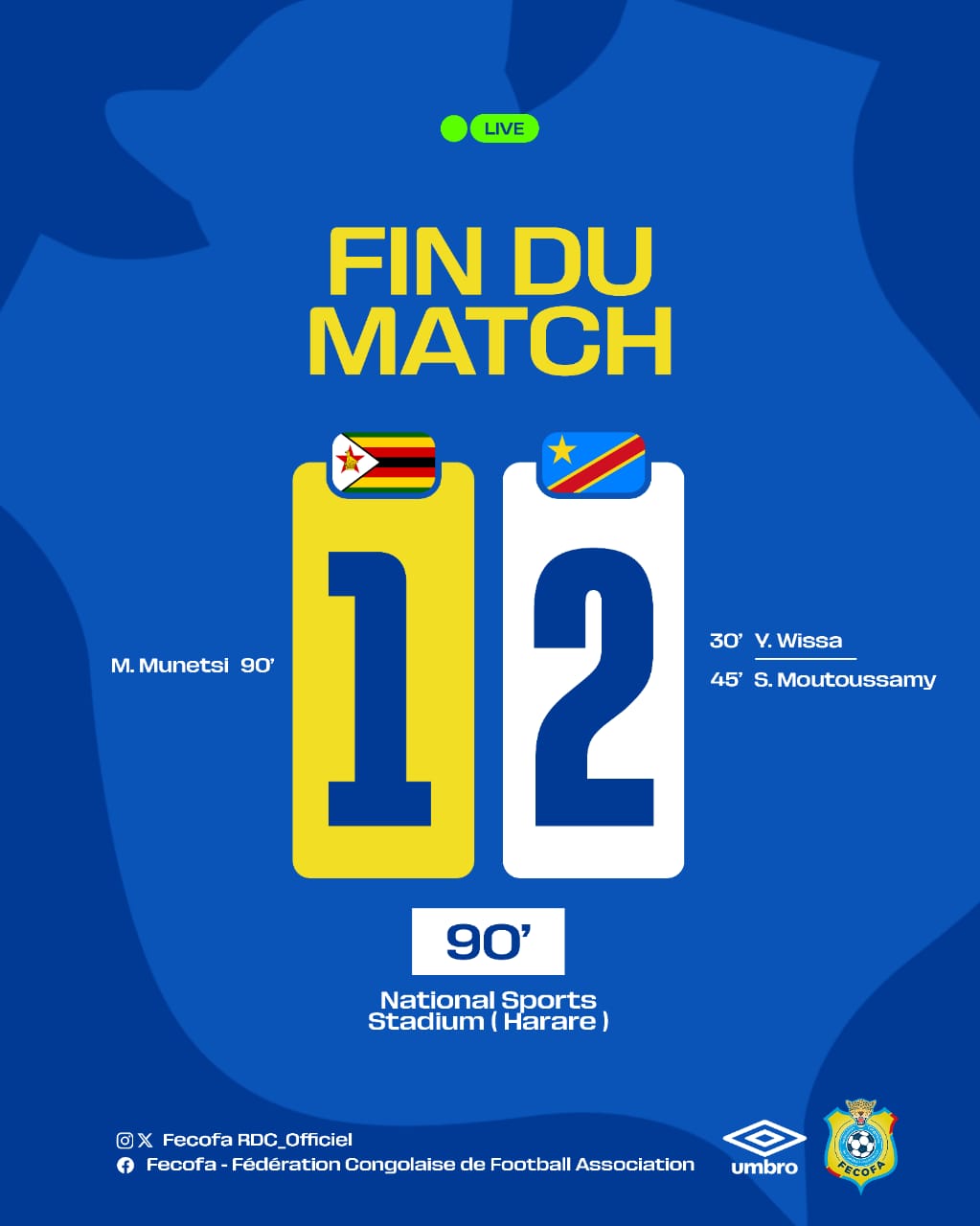 Éliminatoires CAN 2027 : La RDC domine le Zimbabwe (1-2) et consolide sa première place du groupe E